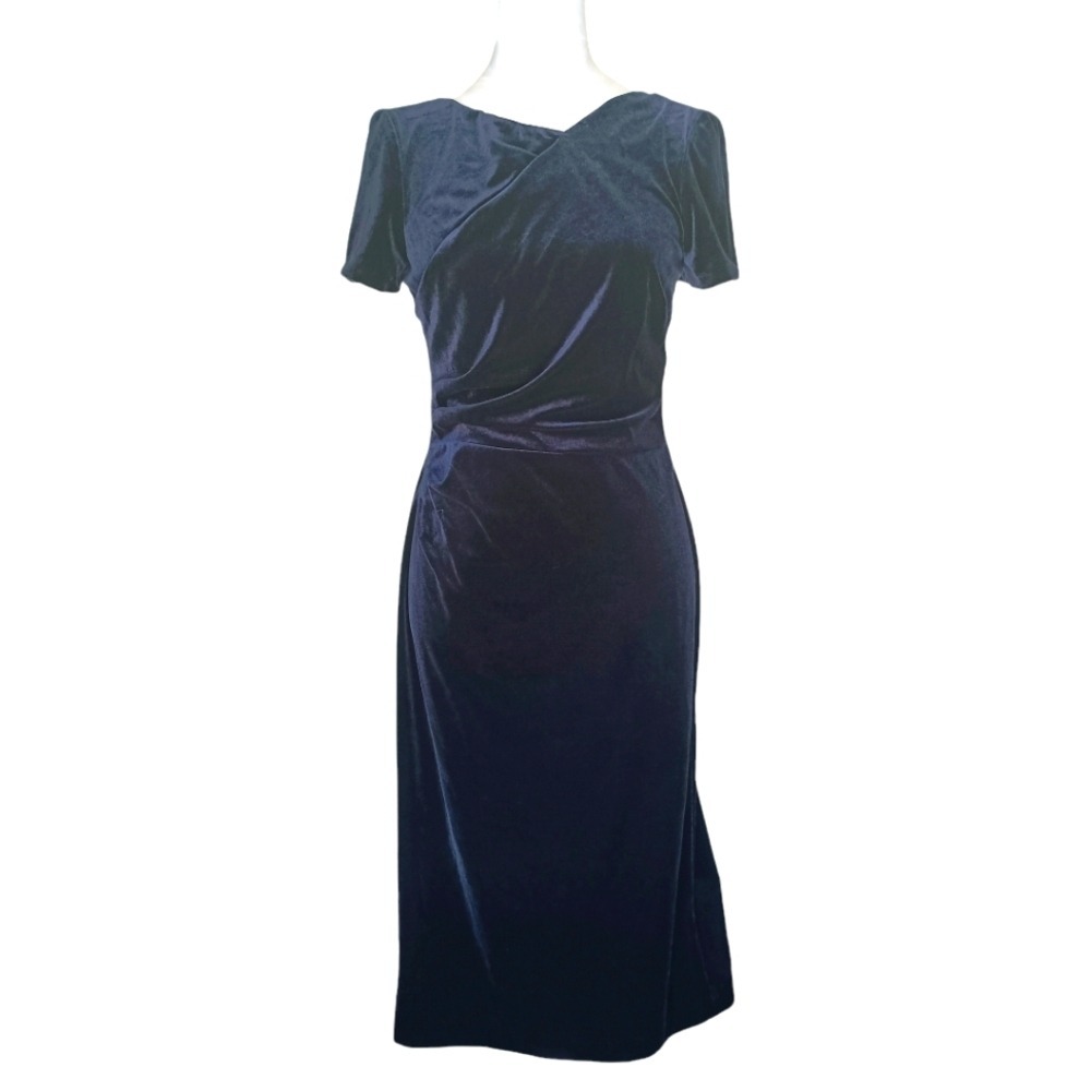 Chaps Dress Womens Size 6 Navy Blue Velvet Ruched Short Sleeve Midi Sheath